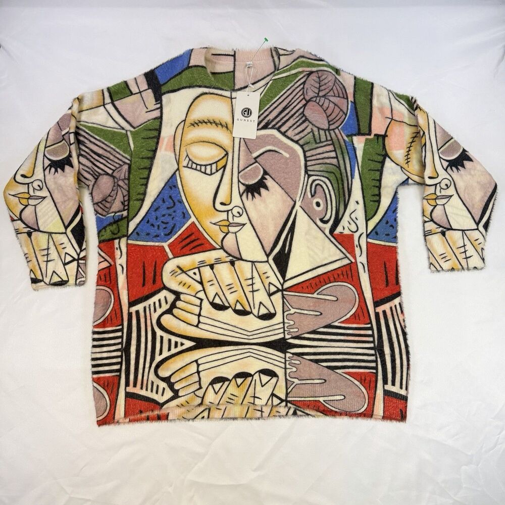 Women's Abstract Colorful Sweater Top Loose Oversize Fit Soft Pullover Sz L NWT